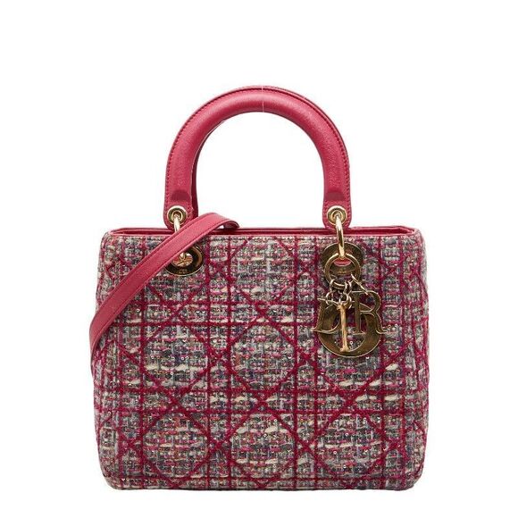 Dior Lady Dior Medium Handbag Shoulder Bag 2WAY Pink Tweed Leather Ladies Dior - Picture 1 of 10